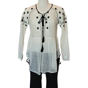 Free People Semi Sheer Peasant Style Tunic w/Embroidery Tie Front Beige/Blk Sz L